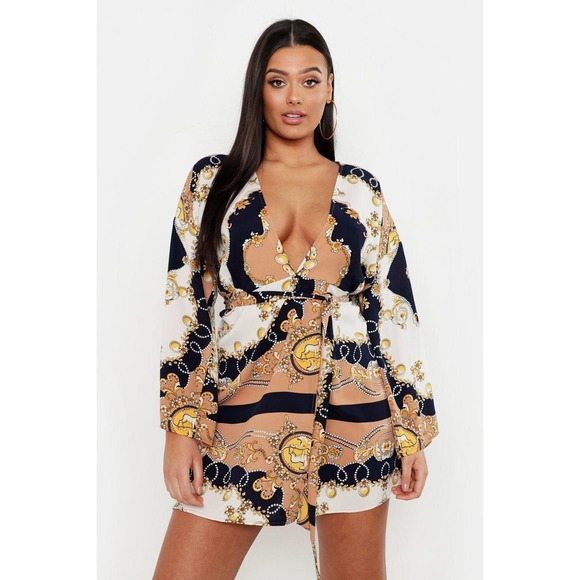 Boohoo Dress Plunge Chain Print Skater Dress Navy Gold Women 18 Art to Wear Boho - Picture 1 of 15